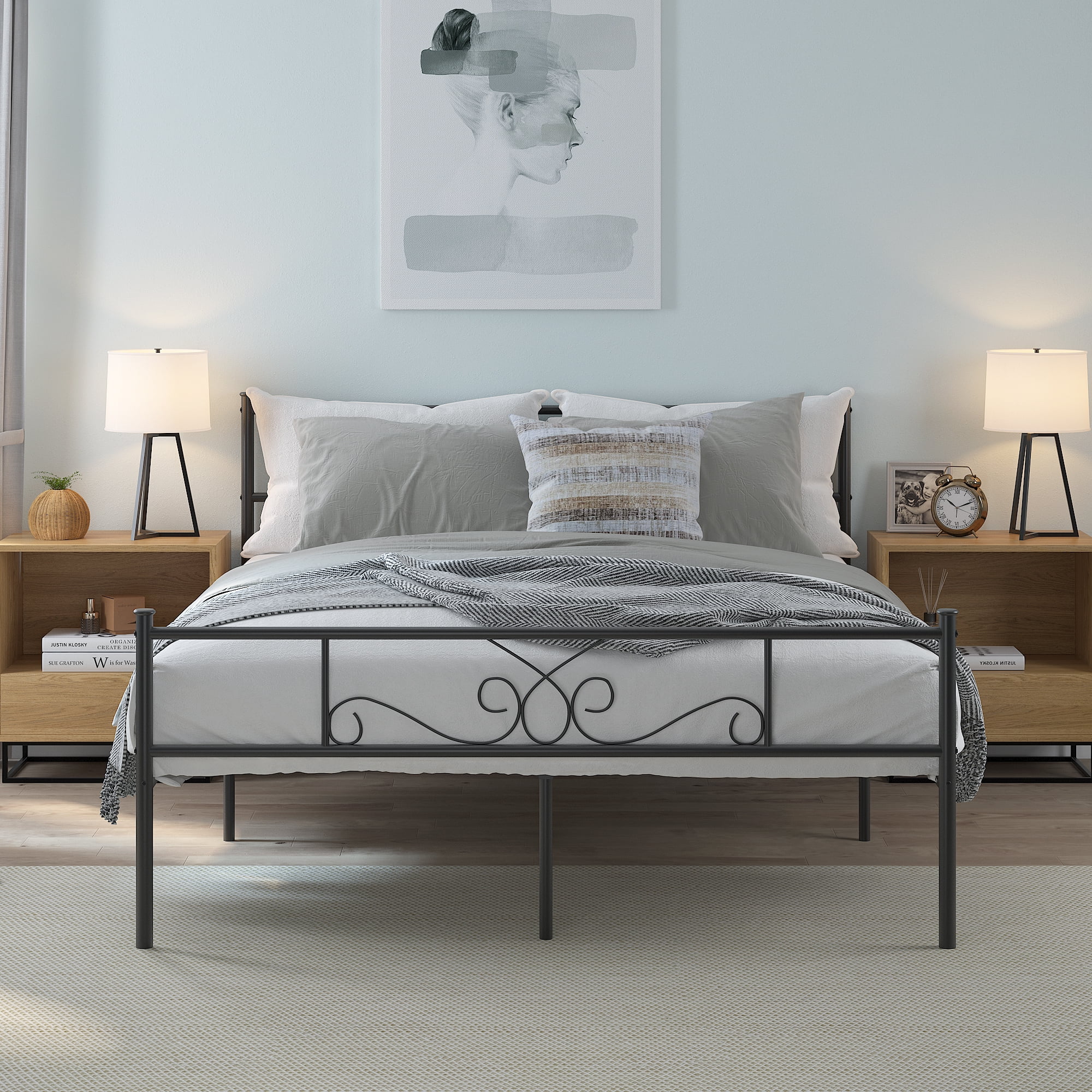 Yoneston Heavy Duty Metal Queen Size Platform Bed Frame with Vintage Headboard & Footboard for Adult Bedroom, Black