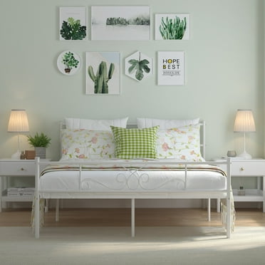 Yoneston Heavy Duty Metal Queen Size Platform Bed Frame with Vintage Headboard & Footboard for Adult Bedroom, White