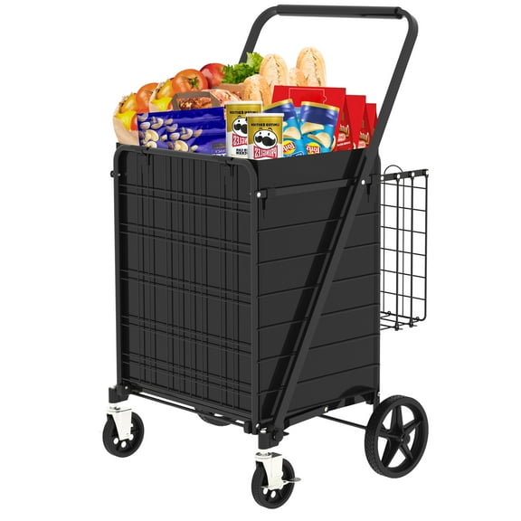 Yoneston Heavy Duty Shopping Cart with Side Basket, 440 LBS Capacity Folding Grocery Cart with Brake Wheels, Utility Cart for Laundry, Groceries, Travel, Black