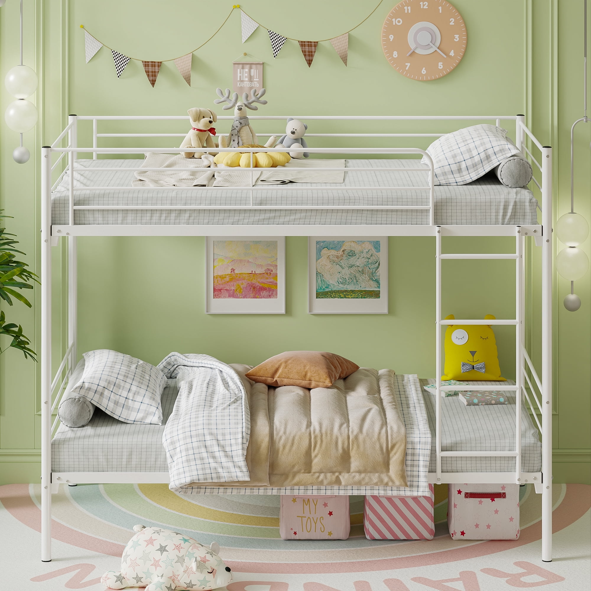 Yoneston Heavy Duty Twin Over Twin Metal Bunk Bed with Ladder and Full-Length Guardrail for Kids, Teens & Adults, White