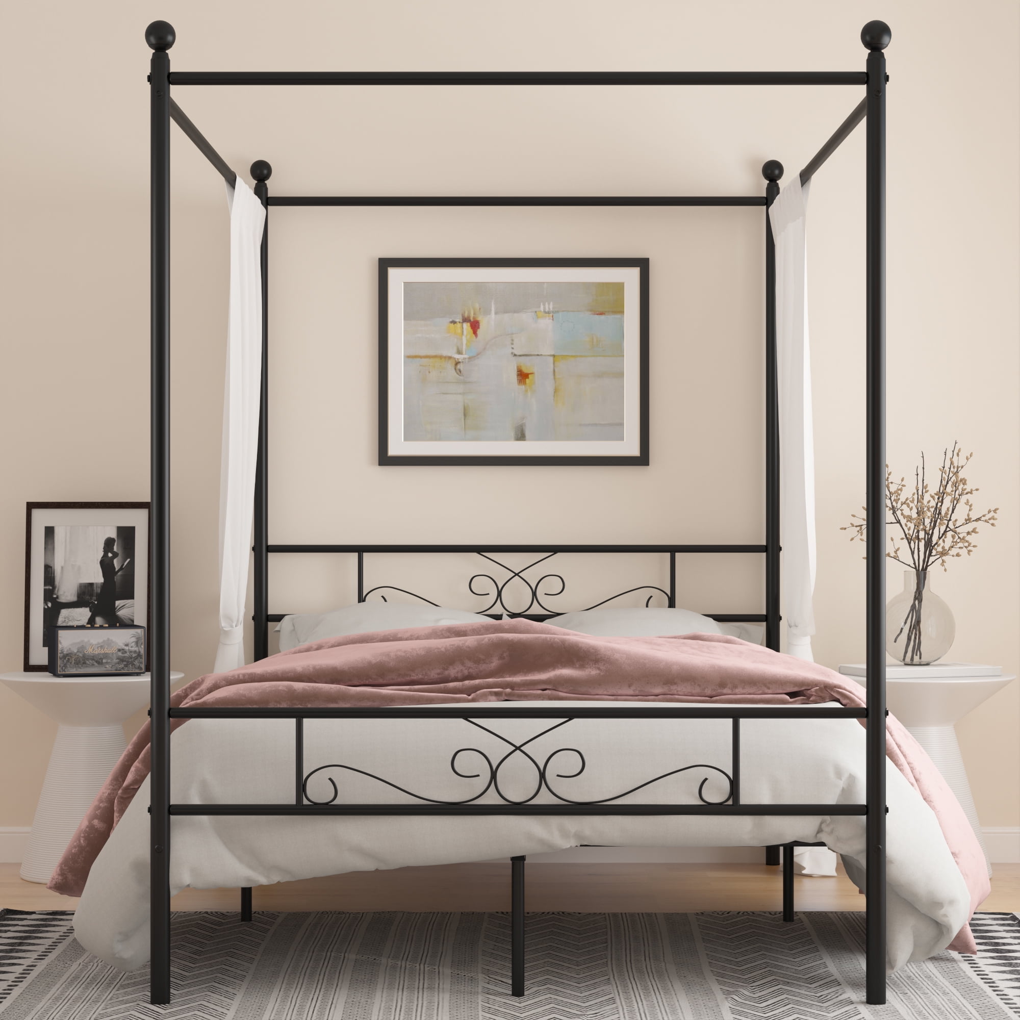 Yoneston Home Metal Queen Canopy Platform Bed Frame with Headboard and Footboard, Black