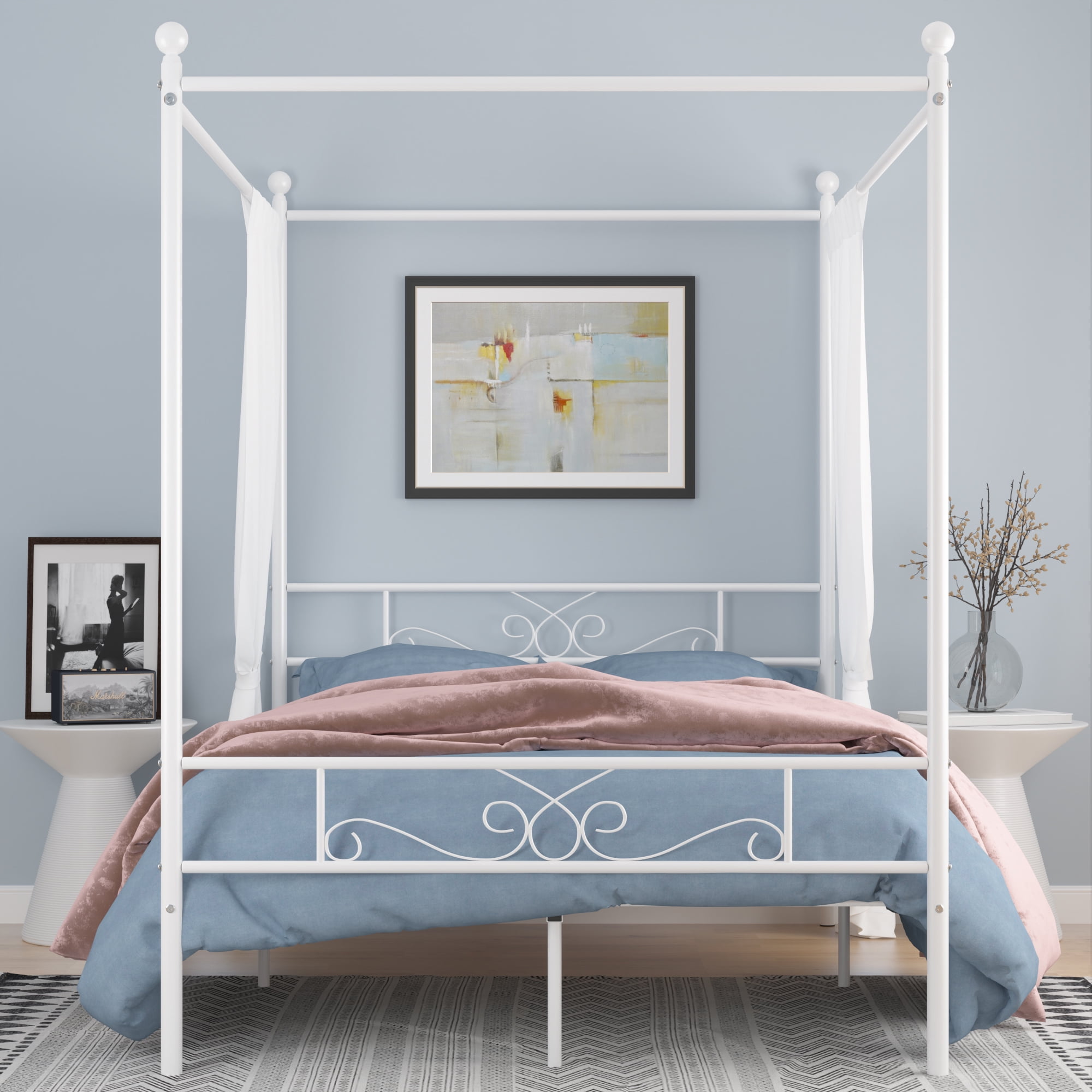 Yoneston Home Metal Queen Canopy Platform Bed Frame with Headboard and Footboard, White
