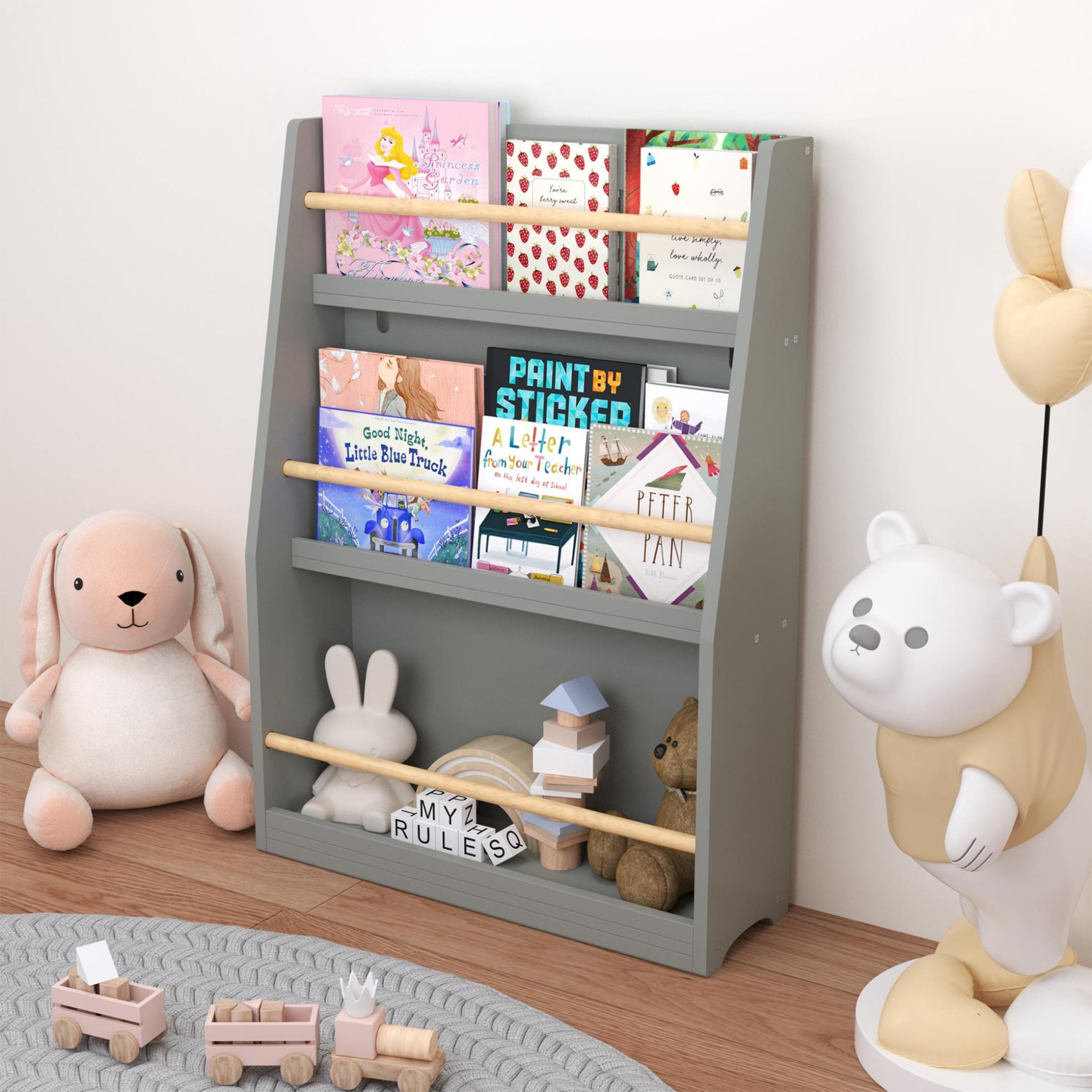 Yoneston Kids 3-Tier Bookcase with Wood Rails, Children's Standing Display Bookshelf for Playroom, Bedroom, Nursery, Gray