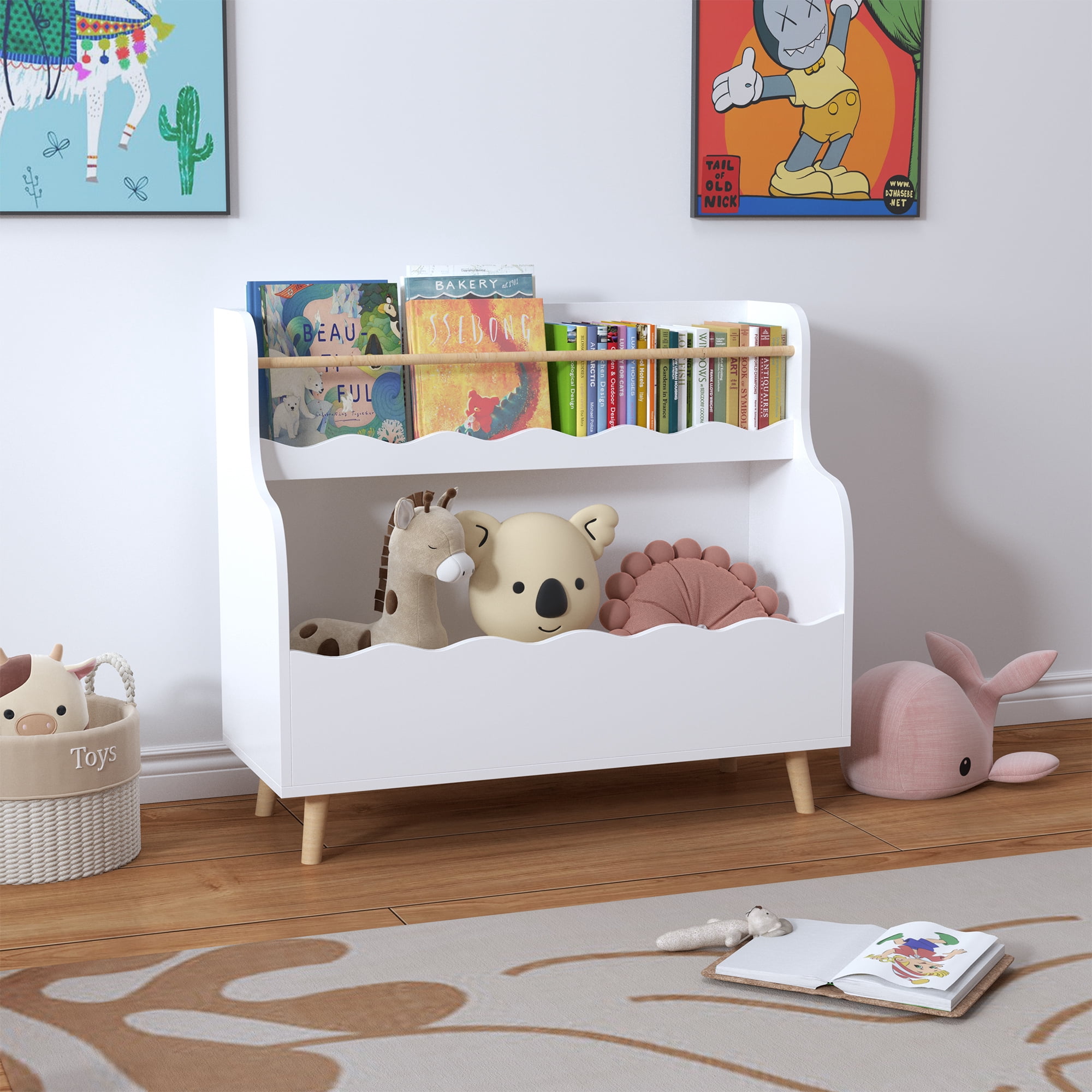 Yoneston Kids Bookcaes, 2-Tier Children's Bookshelf with Toy Storage Organizer for Kids Room,Classroom, Bedroom, White