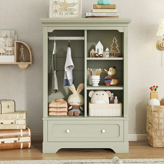 Yoneston Kids Dress Up Storage with Large Drawers and Open Shelves, Children's Wardrobe Opening Hanging Costume Closet Easy Access, Green
