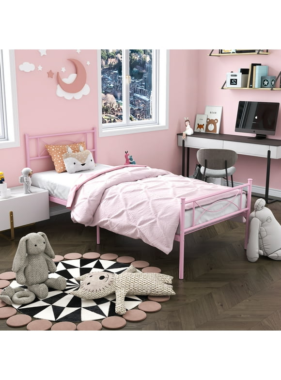 Yoneston Kids Pink Metal Platform Bed Frame Twin Single Bed with Headboard & Footboard for Girls Bedroom Furniture, No Box Spring Needed