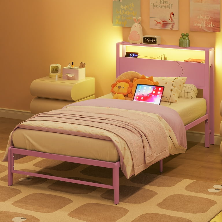 Yoneston Power Outlet LED Light Twin Metal Platform Bed