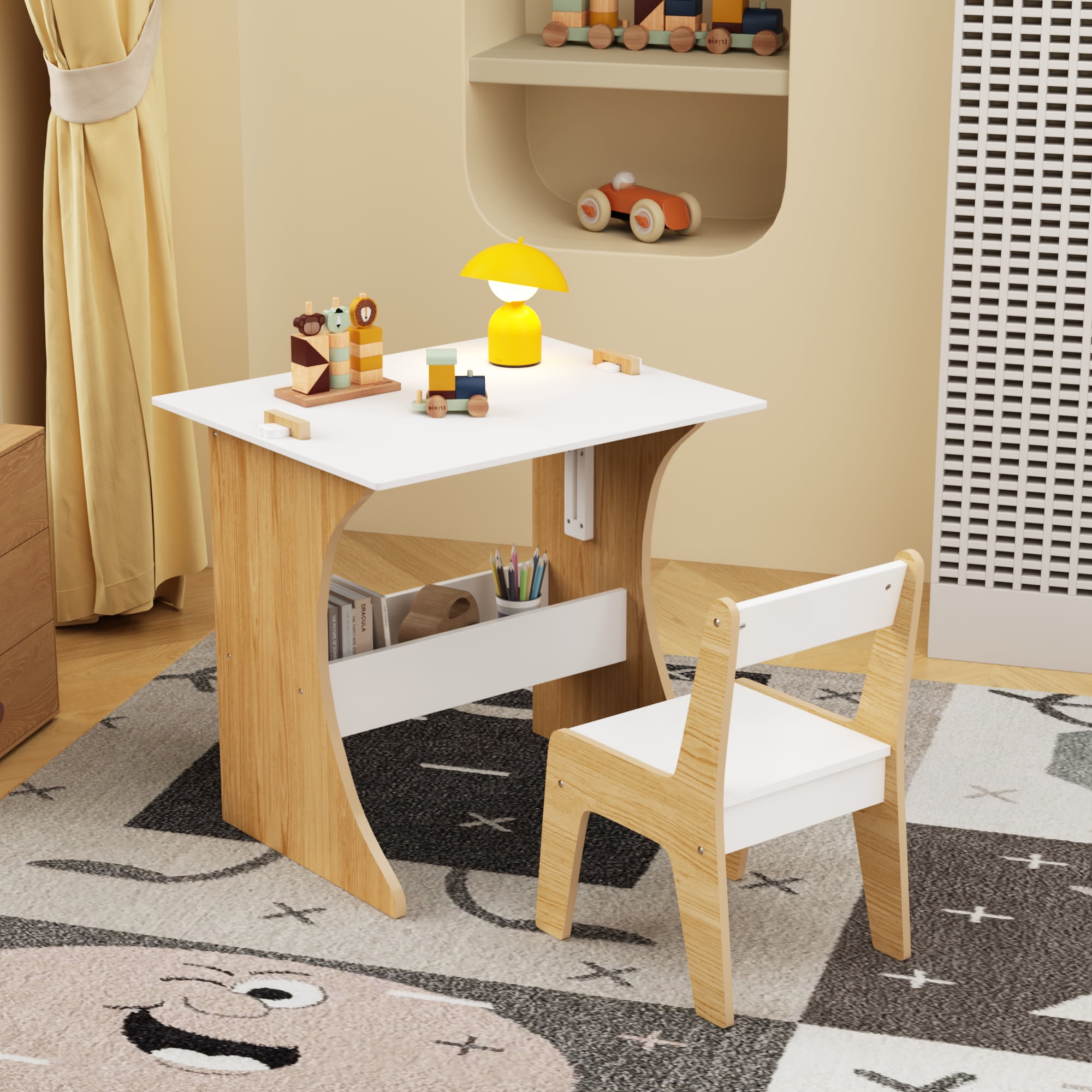 Yoneston Kids Table and Chair Set with Storage Rack, Wooden Children Study Table with Convertible Tabletop Blackboard for Study, Drawing and Play, White