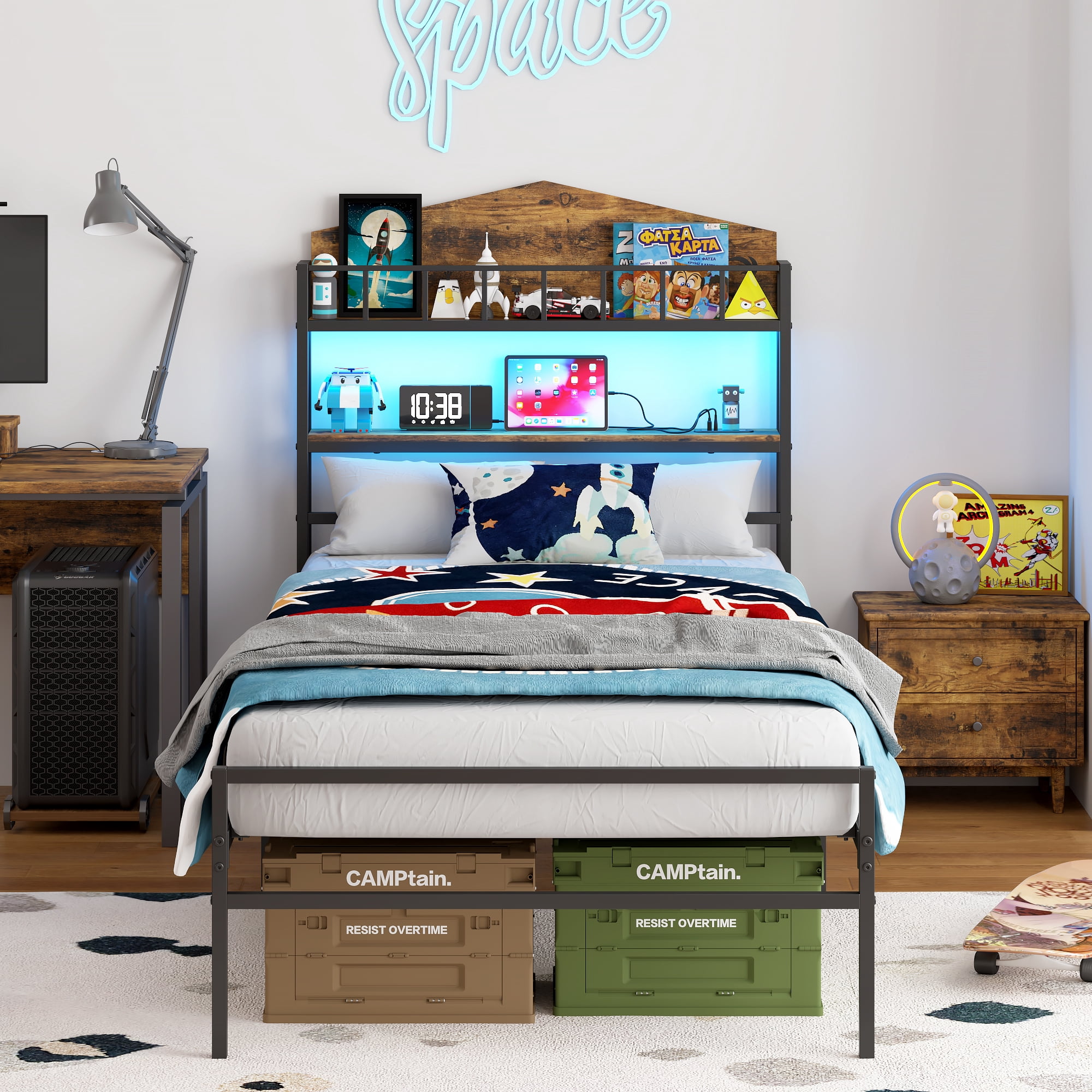 Yoneston Kids Twin Bed with 2 -Tier LED Storage Headboard & Charging Station, House-Shaped Platform Metal Bed Frame for Boys Girls Teens, Black