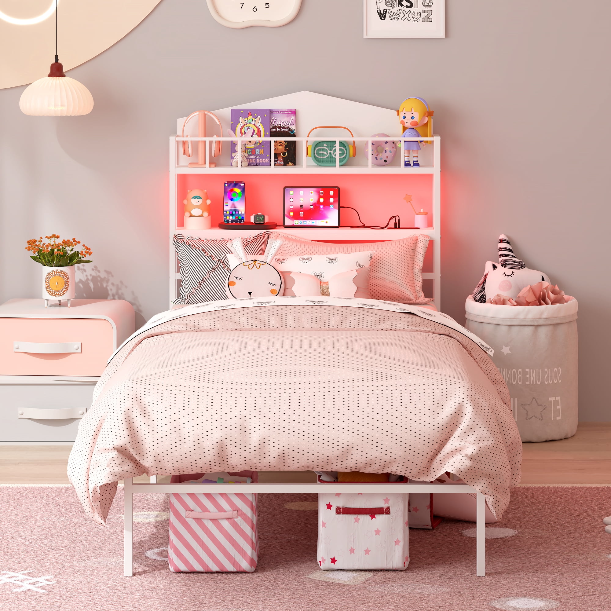Yoneston Kids Twin Bed with 2 -Tier LED Storage Headboard & Charging Station, House-Shaped Platform Metal Bed Frame for Boys Girls Teens, White