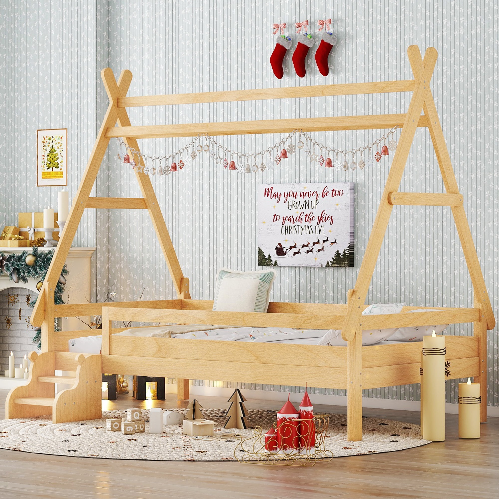 Yoneston Kids Twin Farmhouse Platform Bed Frame with Stairs, Solid Wood Bed Slats Support for Children, No Box Spring Needed, Natural