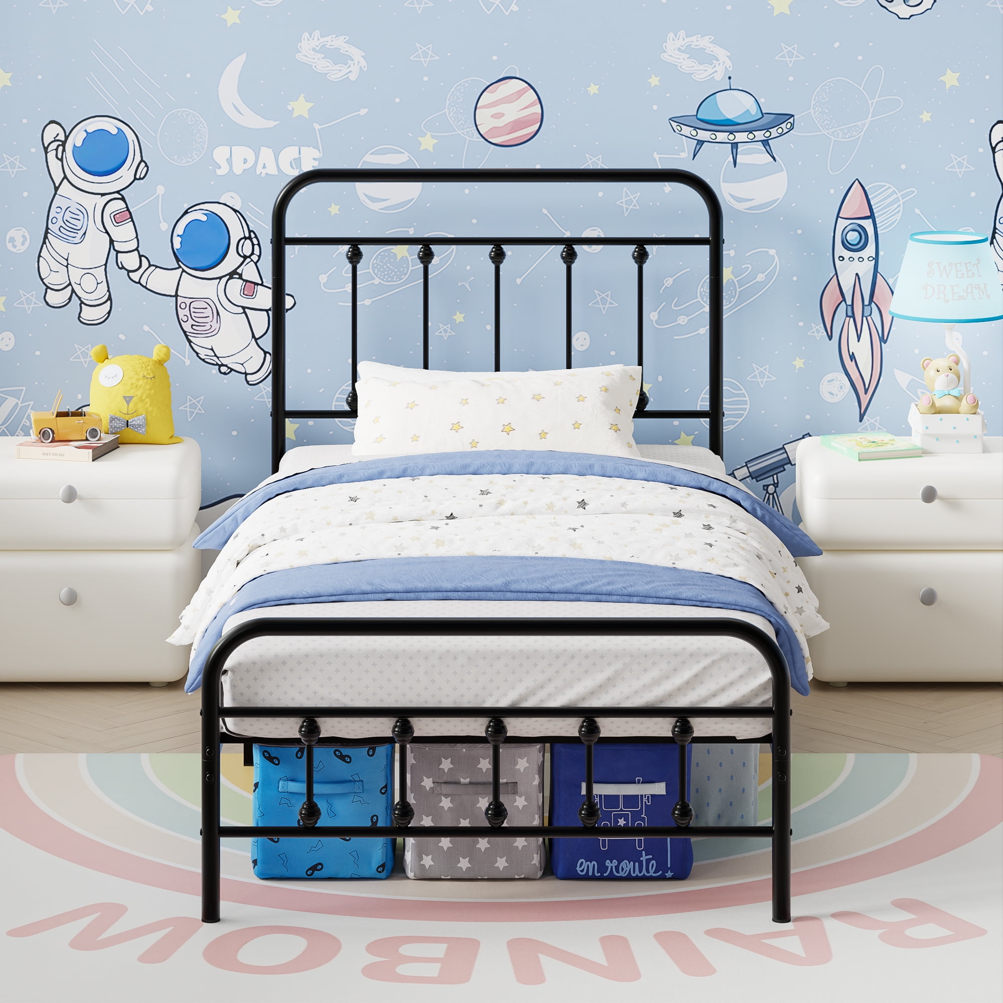 Yoneston Kids Twin Metal Platform Bed Frame with Vintage Headboard & Footboard for Teens Boys Girls, Black
