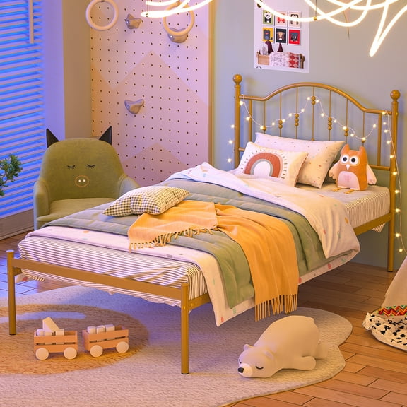 Yoneston Kids Twin Metal Platform Bed Frame with Vintage Headboard No Box Spring Need for Kids Teens, Antique Gold