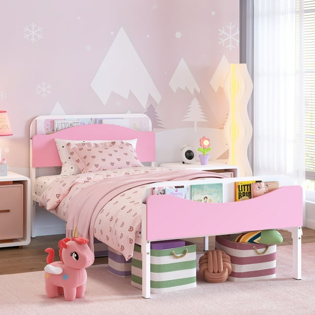 Yoneston Kids Twin Platform Bed with Bookcase Headboard and Footboard