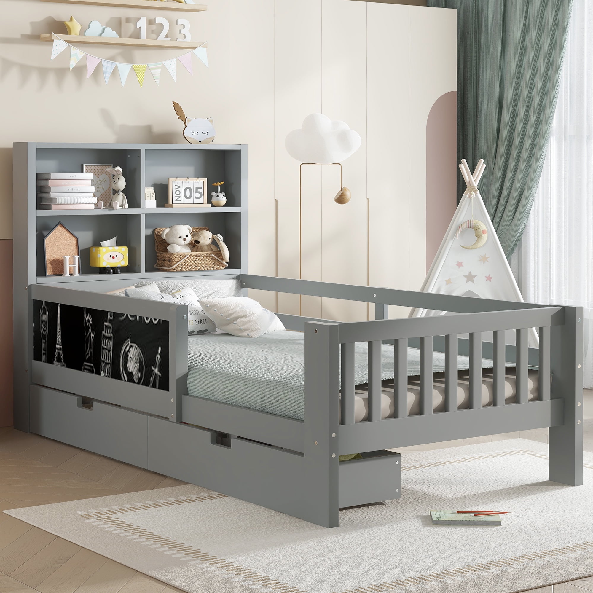 Yoneston Kids Twin Platform Bed with Storage Headboard and Chalkboard, Wood Platform Storage Bed with 2 Drawers & 4 Shelves for Boys Girls, Gray