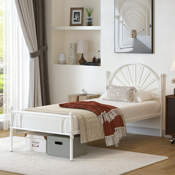 Yoneston Kids Twin Size Bed Frame with Sunshine Shape Headboard for Teens Boys Girls Bedroom Furniture, White