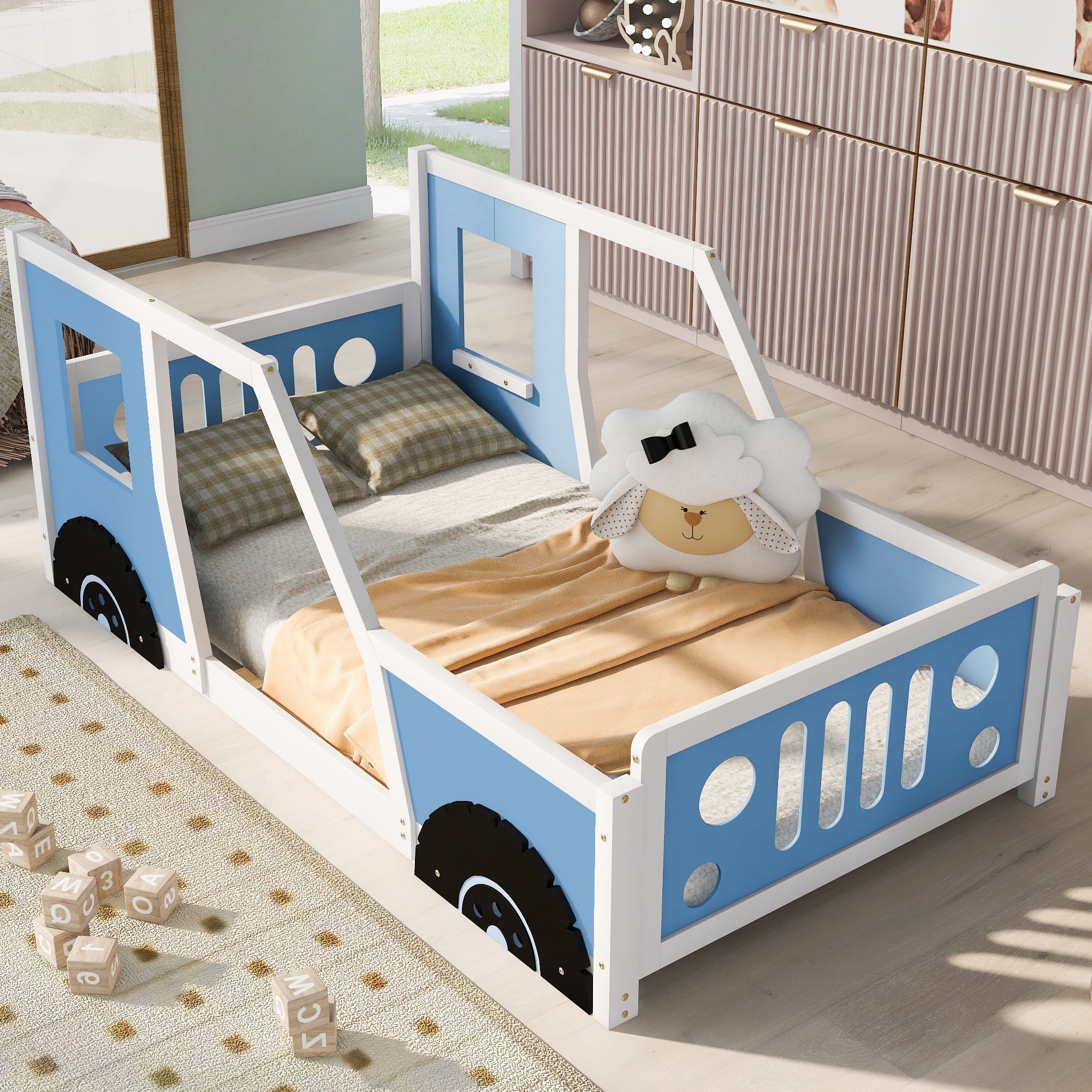 Yoneston Kids Twin Size Car-Shaped Platform Bed with Wheels, Classic Wood Car Bed Frame with Door and Window, Blue