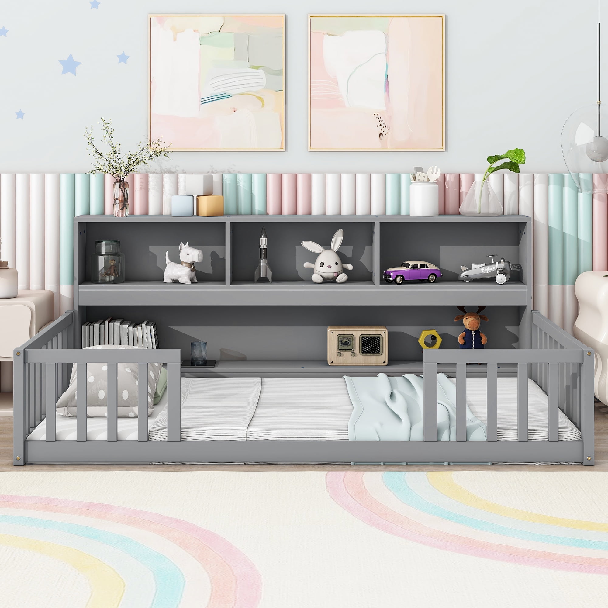 Yoneston Kids Twin Size Floor Bed Frame with Bedside Bookcase Storage Shelves and Guardrails for Toddlers Boys Girls Bedroom Furniture, Gray