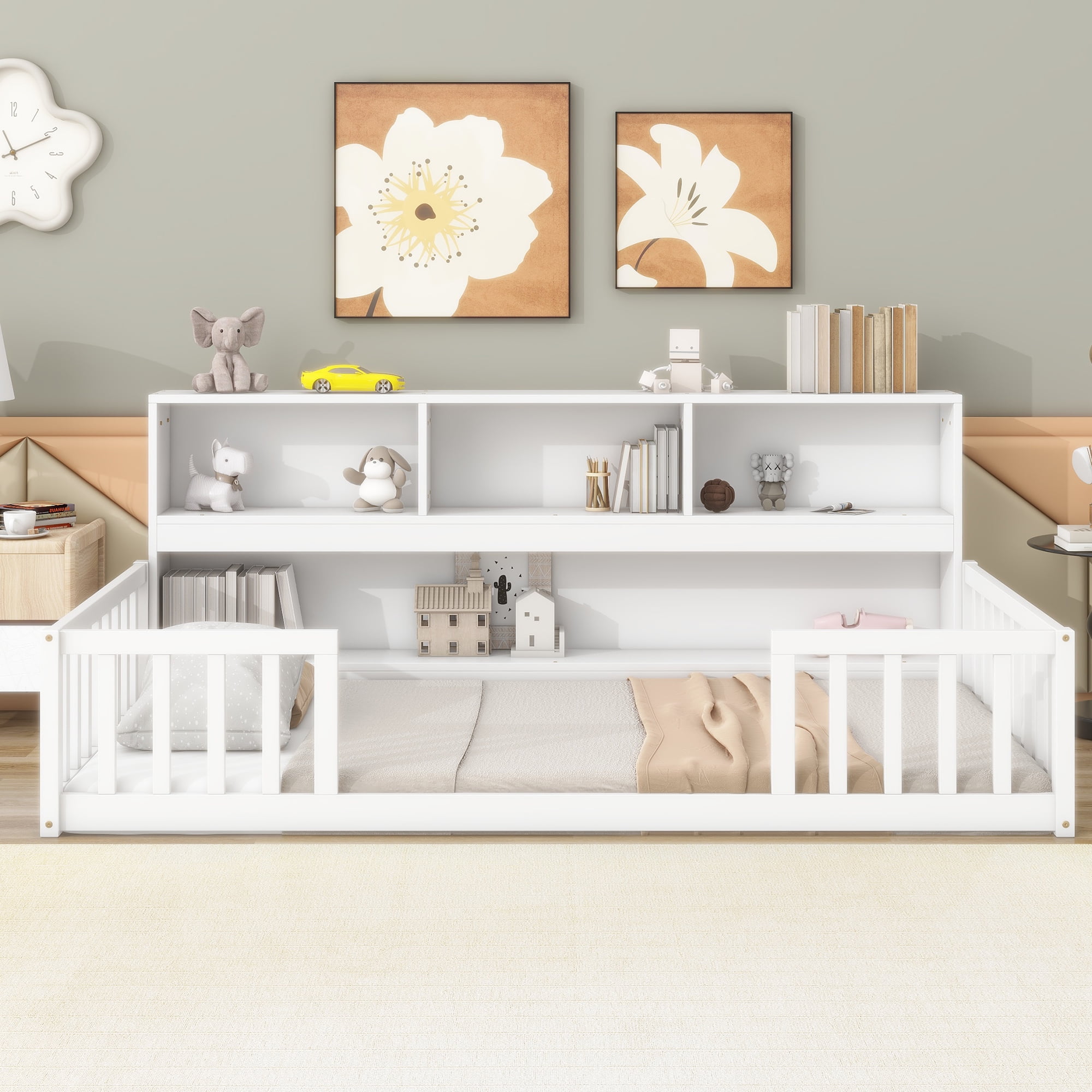 Yoneston Kids Twin Size Floor Bed Frame with Bedside Bookcase Storage Shelves and Guardrails for Toddlers Boys Girls Bedroom Furniture, White