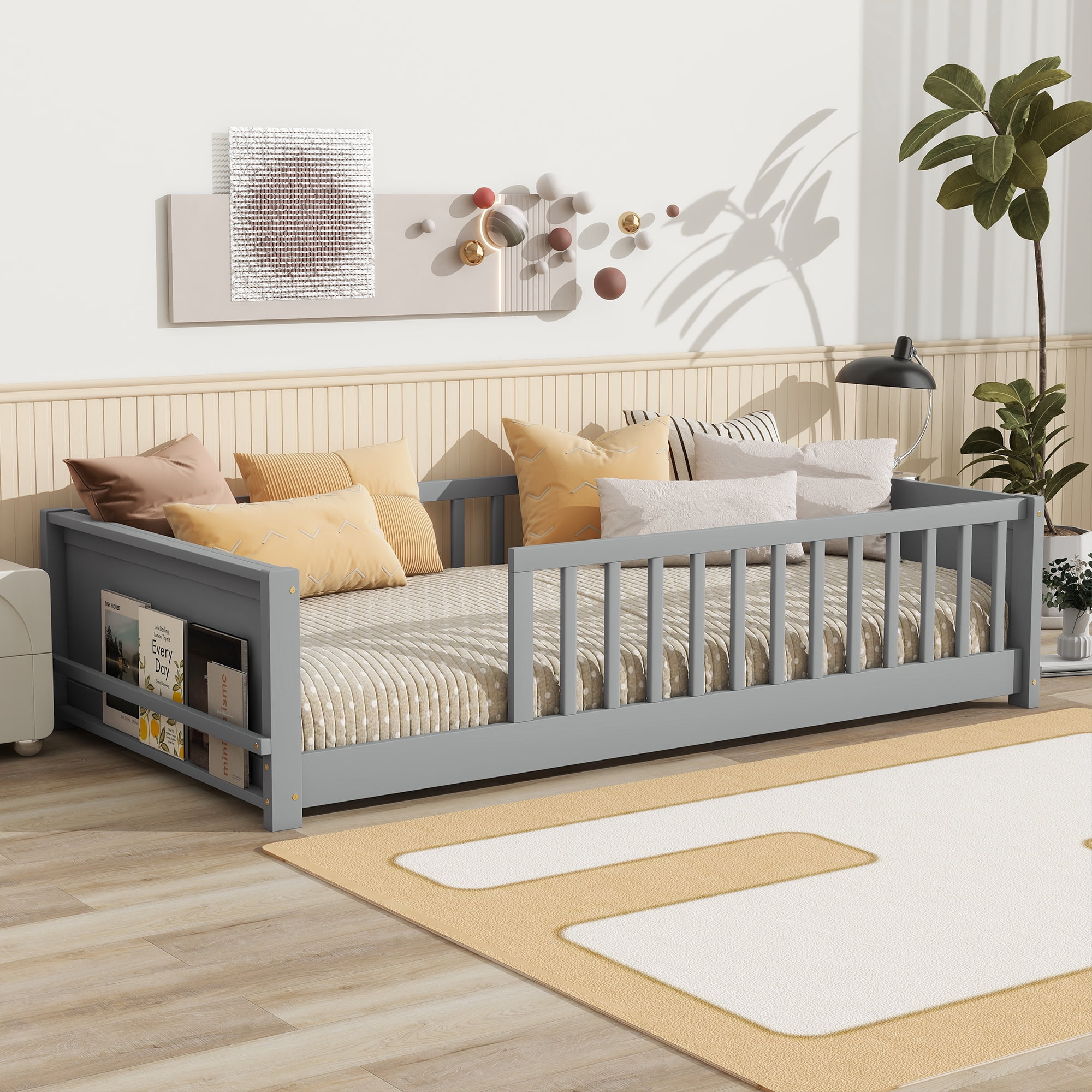 Yoneston Kids Twin Size Floor Platform Bed Frame with Built-in Book Rack Storage & Guardrails for Toddlers Teens Boys Girls Bedroom Furniture, Gray