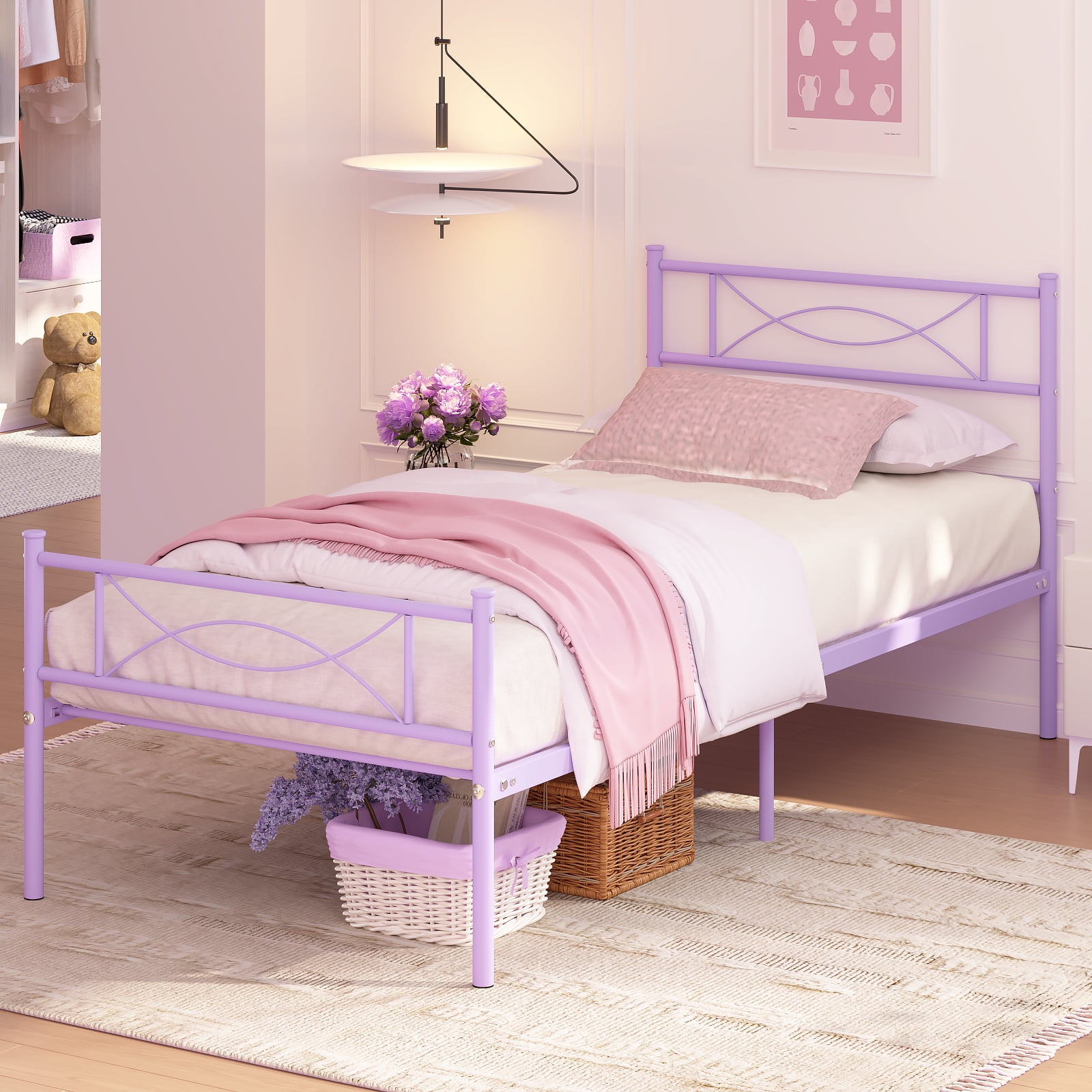 Yoneston Twin Size Metal Bed Frame for Kids Youths Single Bed with Bowknot Headboard Light Purple Bedroom Furniture