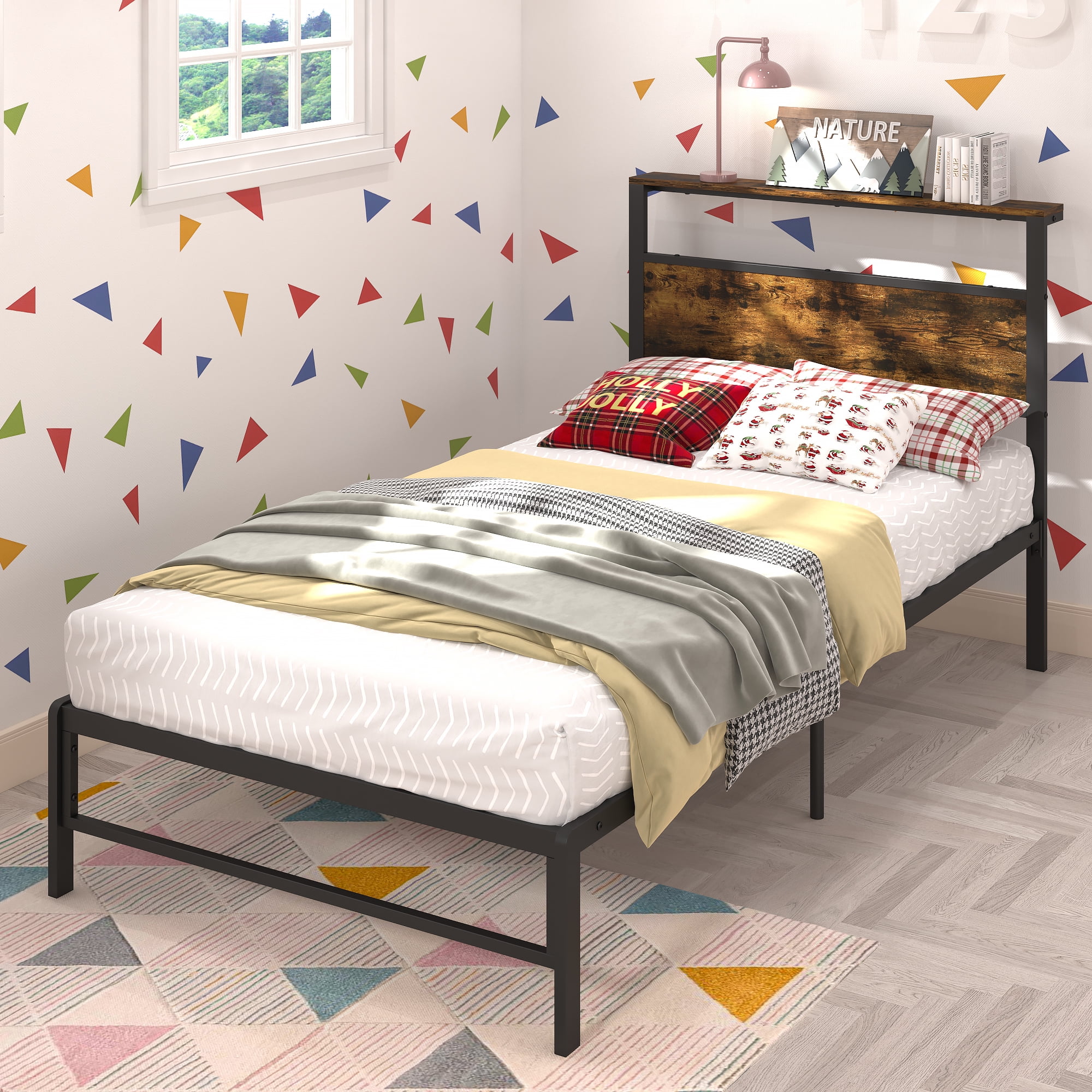 Yoneston Kids Twin Size Metal Platform Bed Frame with Storage Headboard, 12" Mattress Foundation for Childs Adults, Caramel Brown