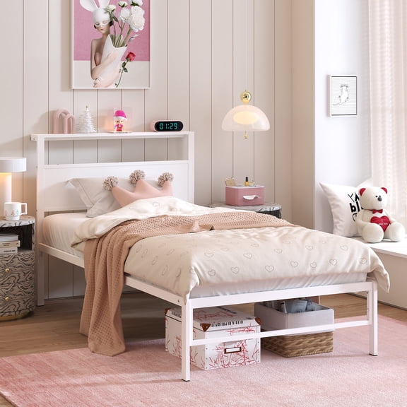 Yoneston Kids Twin Size Metal Platform Bed Frame with Storage Headboard for Childs Kids Students, White