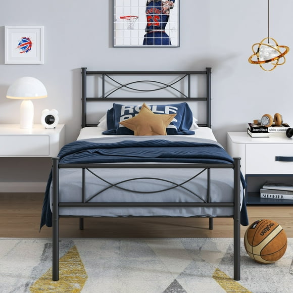 Yoneston Kids Twin Size Metal Platform Bed with Bowknot Headboards Easy Assembly (Mattress Not Included), Black
