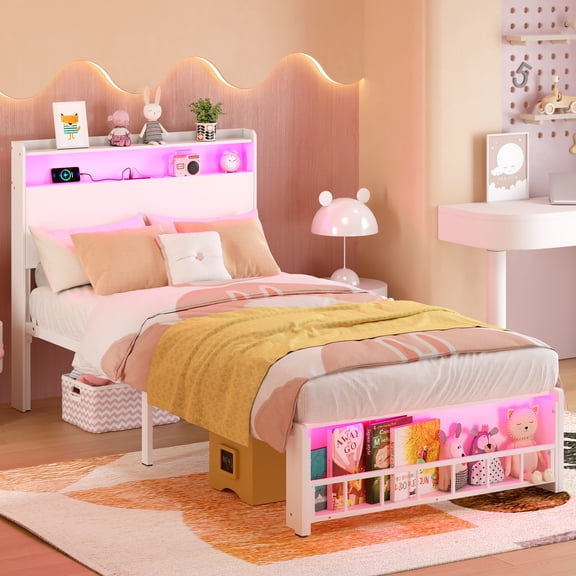 Yoneston Kids Twin Size Power Outlet Headboard and Footboard Shelves Storage Metal Platform Bed Frame with LED Light and USB Charging for Boys Girls, White