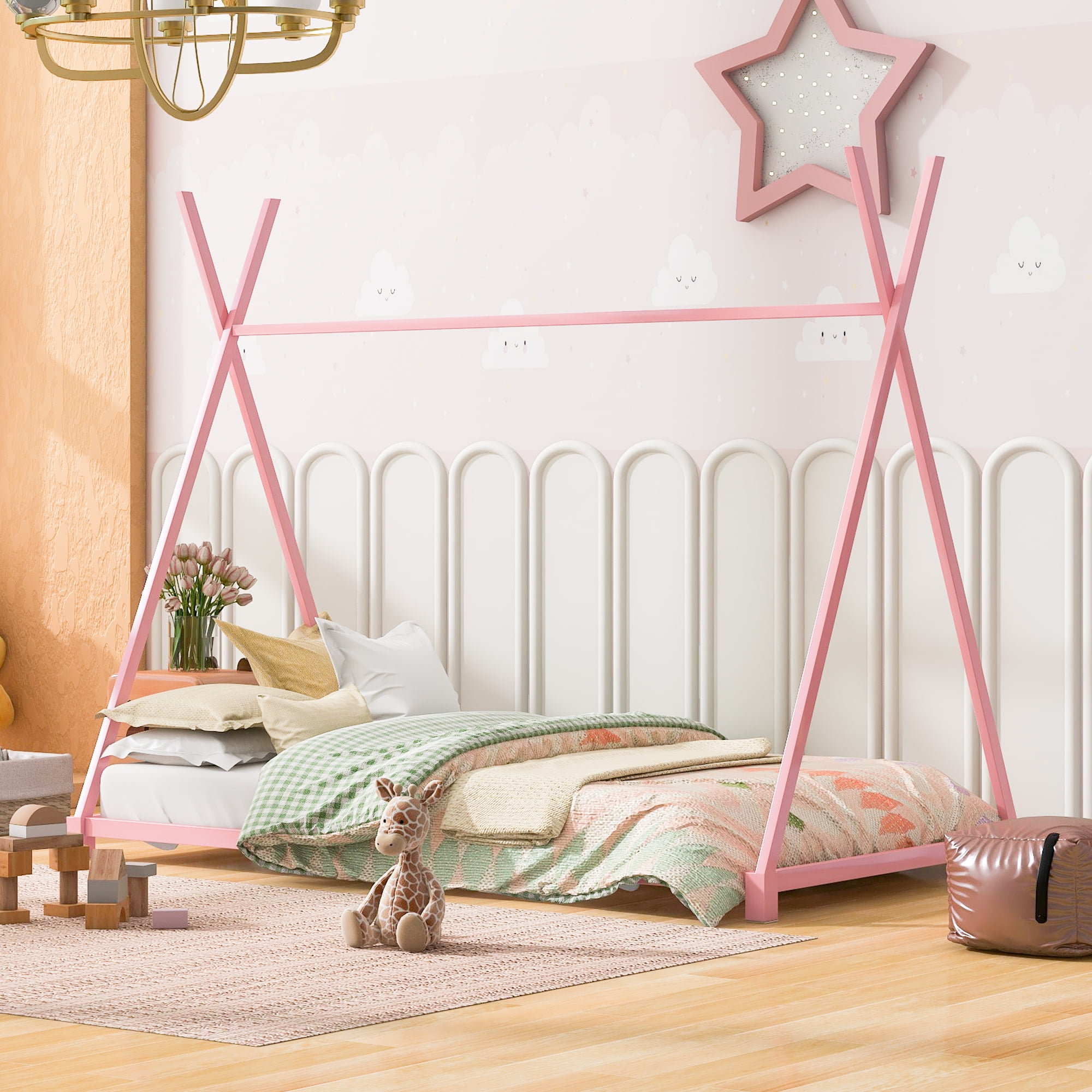 Yoneston Kids Wood Twin Size Platform Bed, Canopy Tent Bed for Living Room Bedroom, Pink