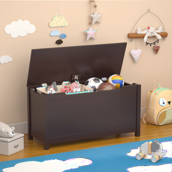 Yoneston Kids Wooden Toy Box Flip-Top Storage Chest Bench with Safety Hinged Lid, Coffee