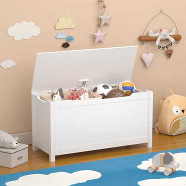 Yoneston Kids Wooden Toy Box Flip-top Storage Chest Bench with Safety Hinged Lid, White