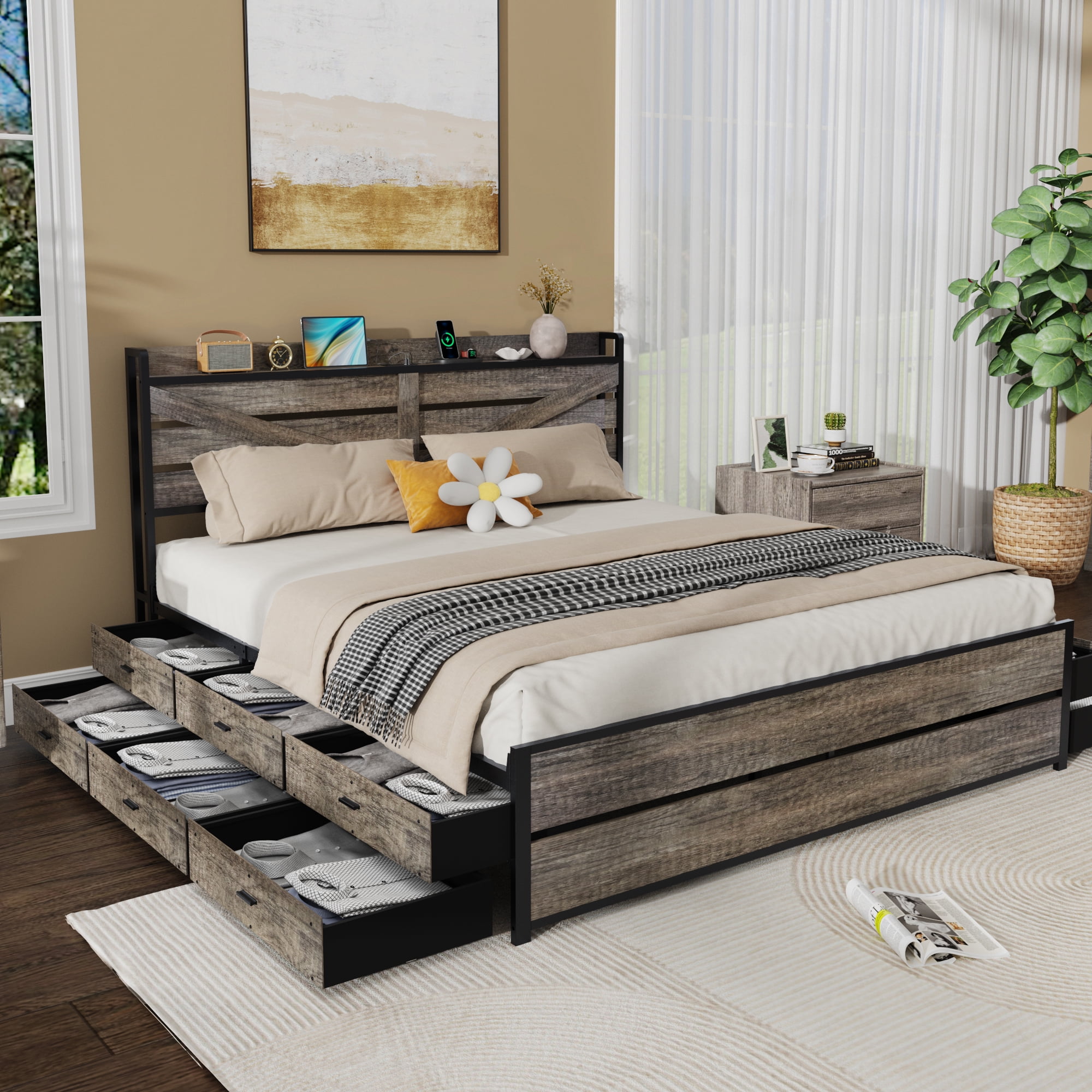 Yoneston King Bed Frame with Charging Storage Headboard and 12 Drawers, Farmhouse Metal Platform Bed No Box Spring Required, Brown