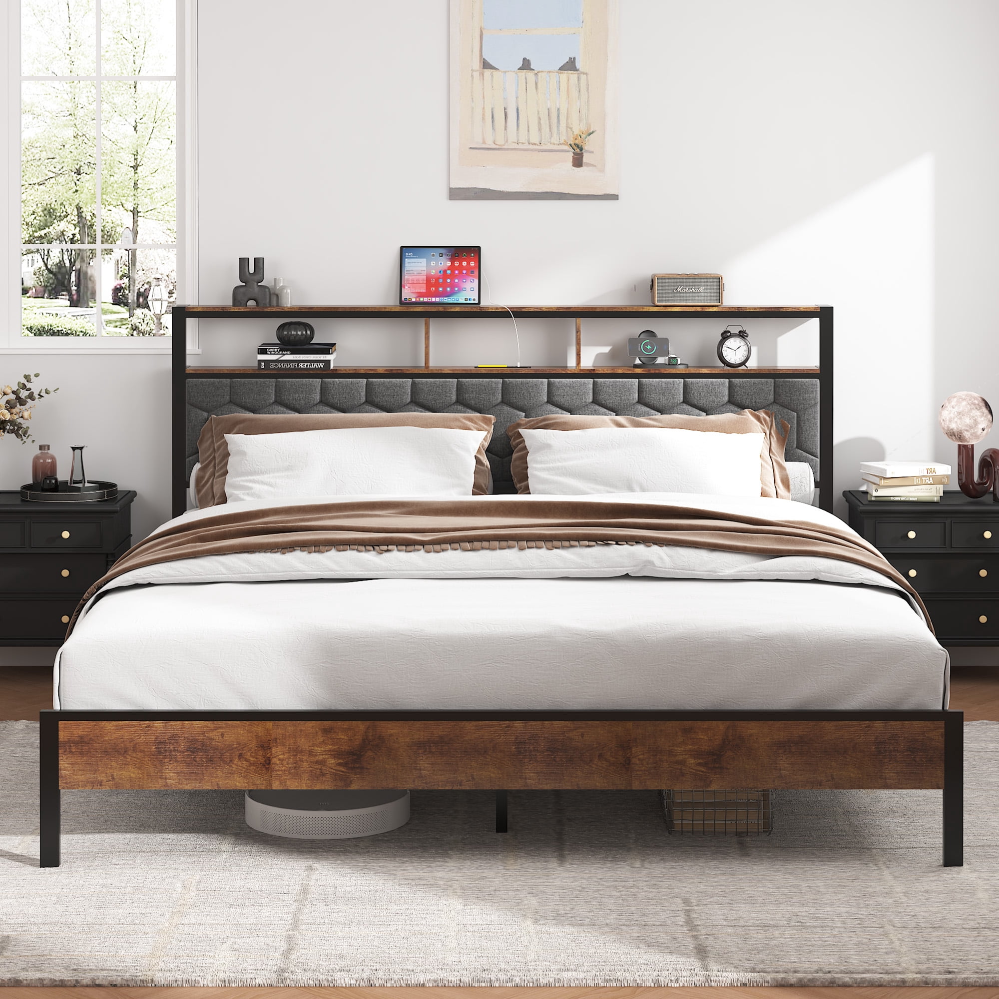 Yoneston King Size Bed Frame with Upholstered Storage Headboard and USB Charging, Retro Metal Platform Bed Frame with Under-Bed Storage Noise Free for Bedroom, Brown