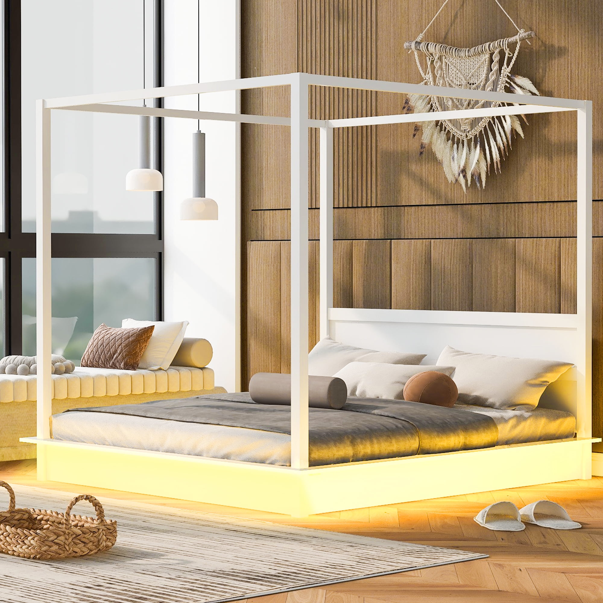 Mintazer King Size LED Canopy Bed with Wood Headboard, Platform Four Poster Bed Frame Easy Assembly, No Box Spring Needed, White