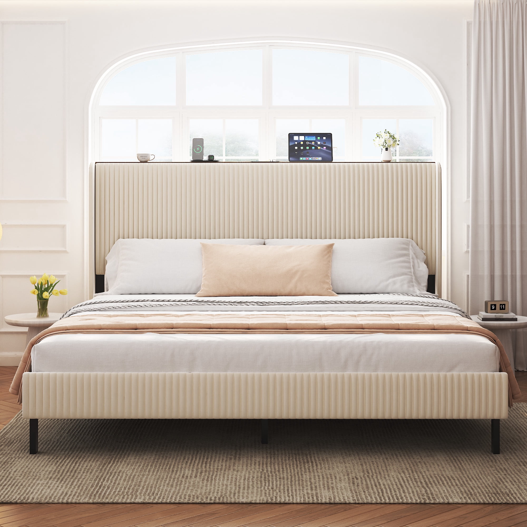 Yoneston King Size Platform Bed Frame with Velvet Upholstered Headboard Storage Shelf and USB Port Charging Station for Bedroom, Beige