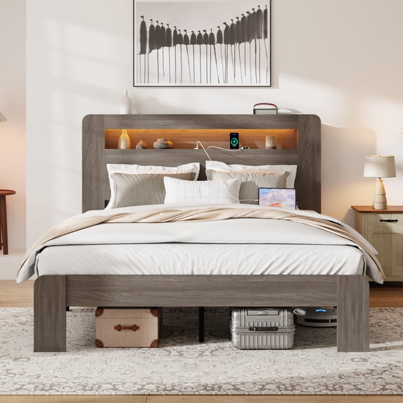 Yoneston King Size Power Outlet Bed Frame with 2-Tier Wood Storage Headboard, Metal Platform Bed Frame with LED Light and Side Bookshelves, Dark Gray