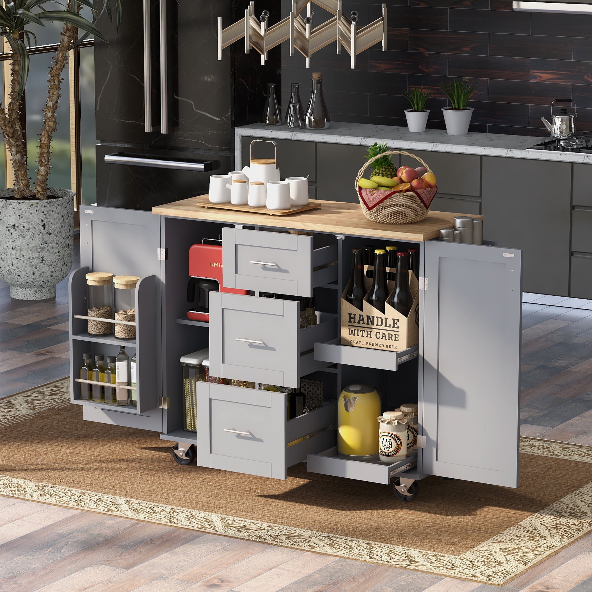Yoneston Kitchen Island with 3 Drawers & 2 Slide-Out Shelves, Rolling Kitchen Storage Cart with Spice Rack and Towel Rack for Home, Kitchen, Dining Room, Gray