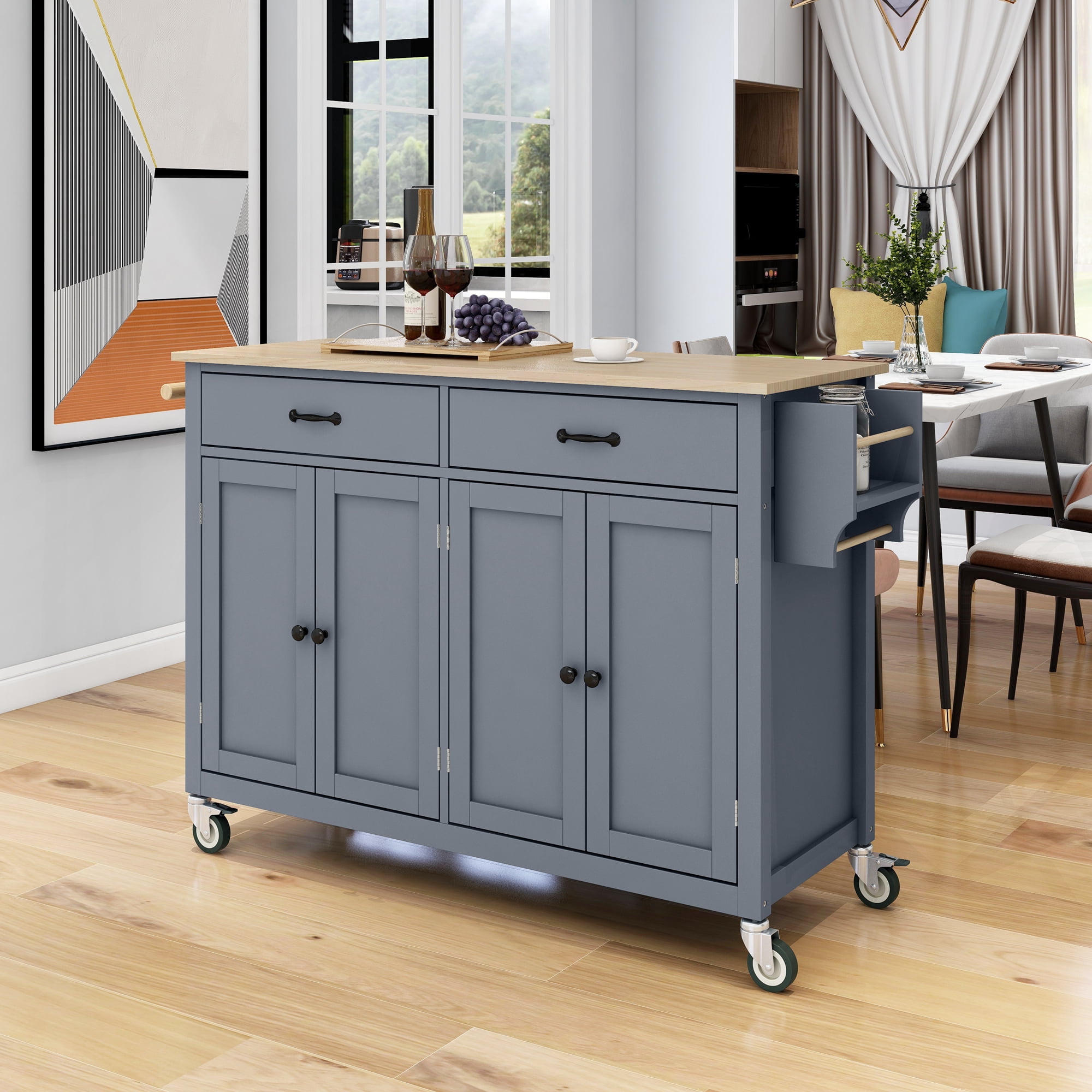 Yoneston Kitchen Island with 4 Door Cabinet and 2 Drawers, Rolling Kitchen Storage Cart with Spice Rack and Towel Rack for Home, Kitchen, Dining Room, Grey