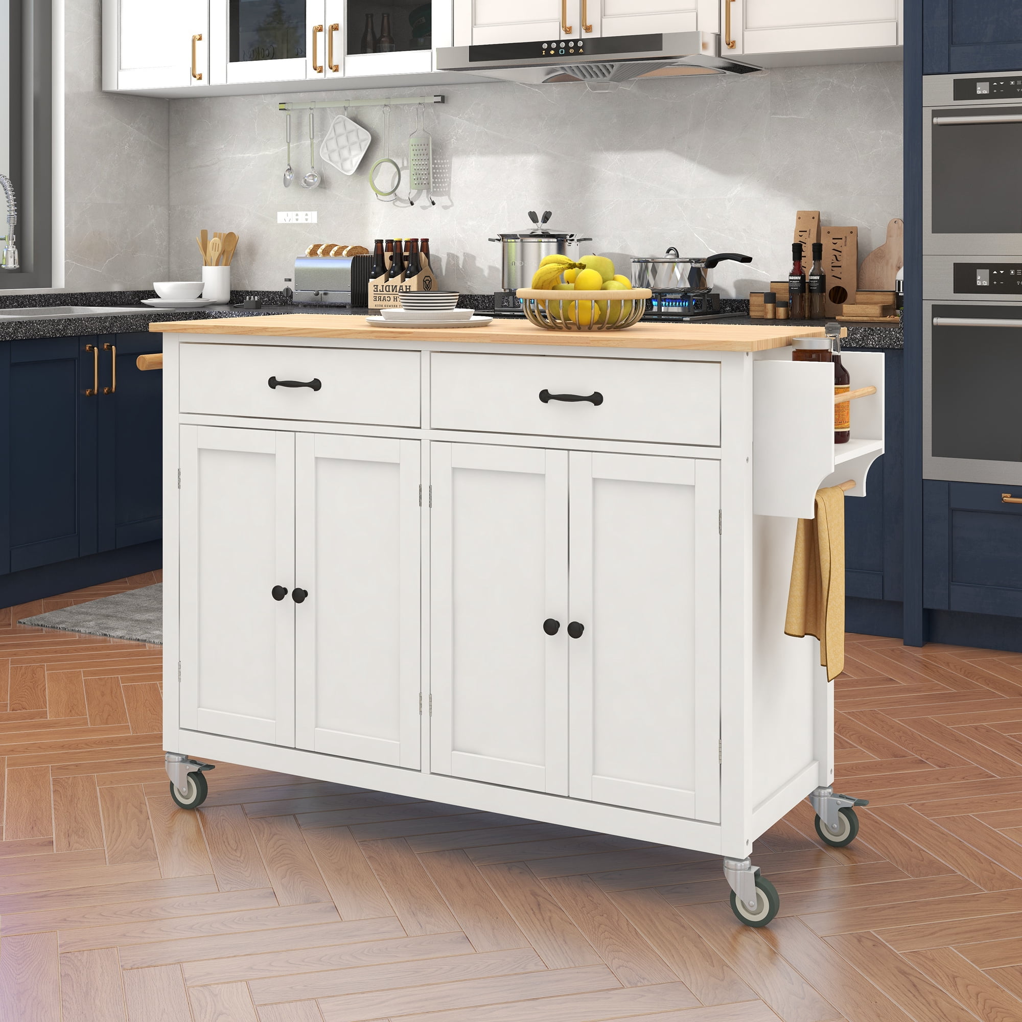 Yoneston Kitchen Island with 4 Door Cabinet and 2 Drawers, Rolling Kitchen Storage Cart with Spice Rack and Towel Rack for Home, Kitchen, Dining Room, White