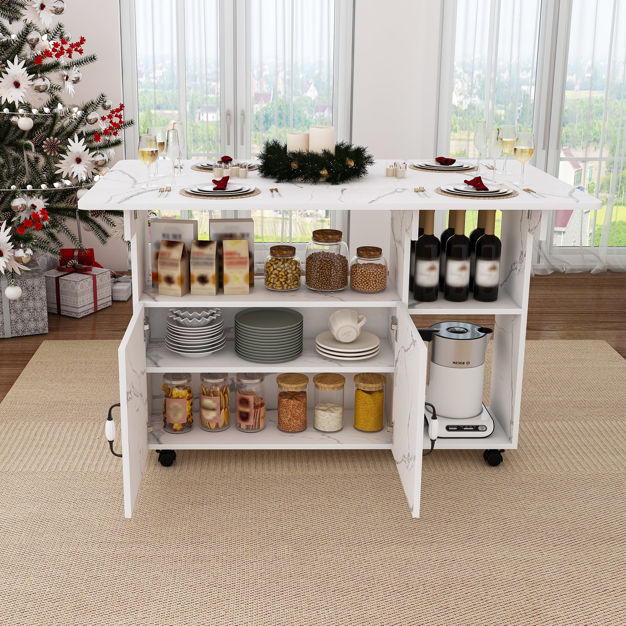 Yoneston Kitchen Island Cart, Multi-Functional Foldable Dining Table with 5 Storage Shelves & Wheels, Folding Table for Kitchen Dorm Office, White