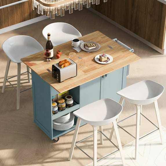 Yoneston Kitchen Island with Foldable Counter Top, Rolling Kitchen Cart with Slide-Out Shelf, Towel Rack and Drawer 2 Doors for Kitchen, Dining Room, Blue