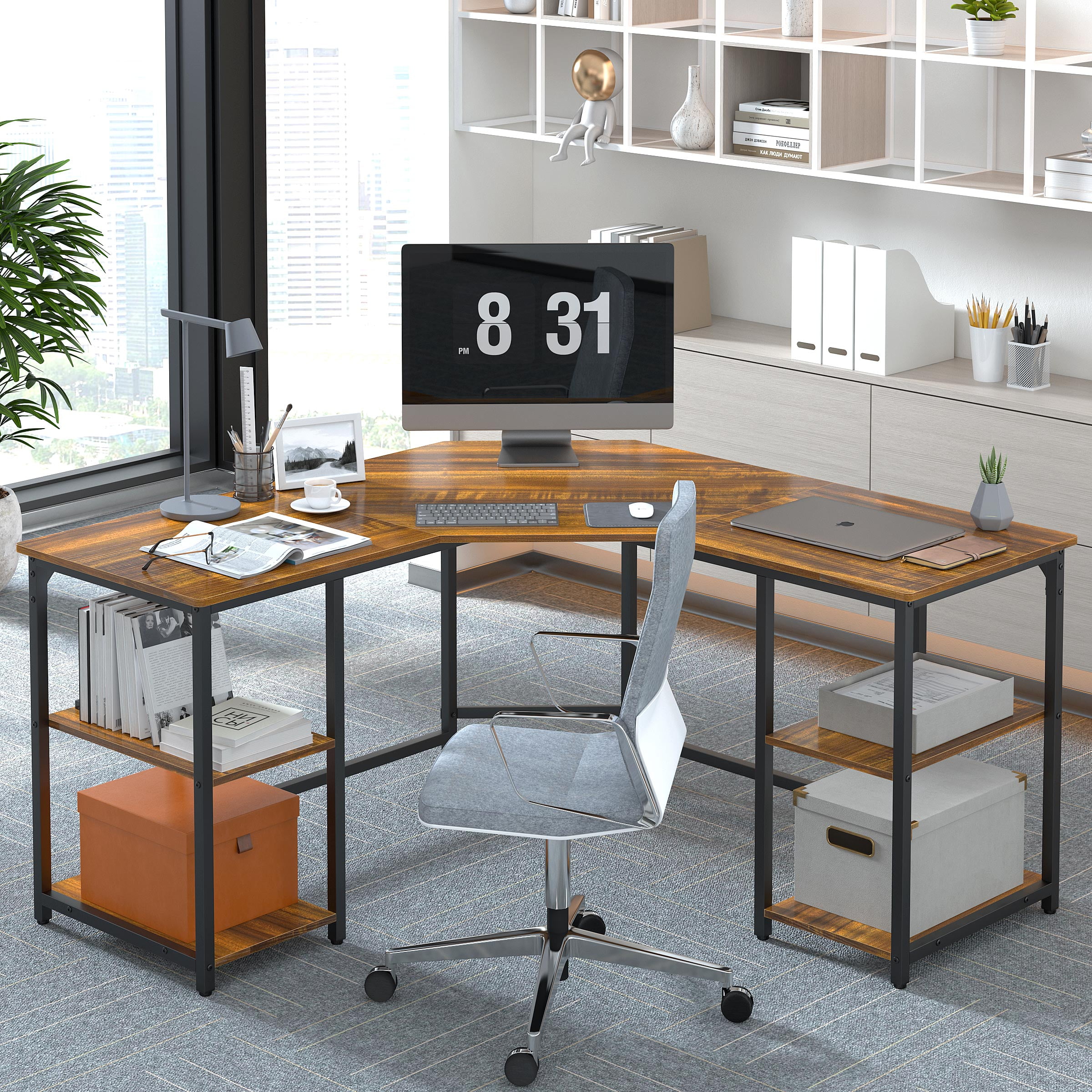 Naomi Home L Shaped Desk with Drawers, 60 Inch Corner Computer Desks, Large  L-Shaped Office Table with Open Shelves, 2 Person Home Office Desk with