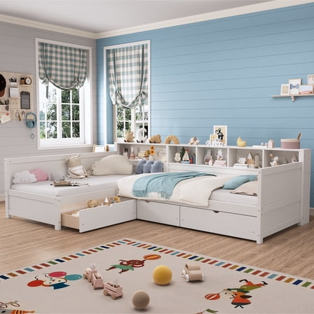 Yoneston L-Shaped Twin Daybed with Storage Side Bookcase and 3 Drawers, Corner Bed Frame with Storage Shelves for Kids Teens Bedroom Playroom Guest Room, White
