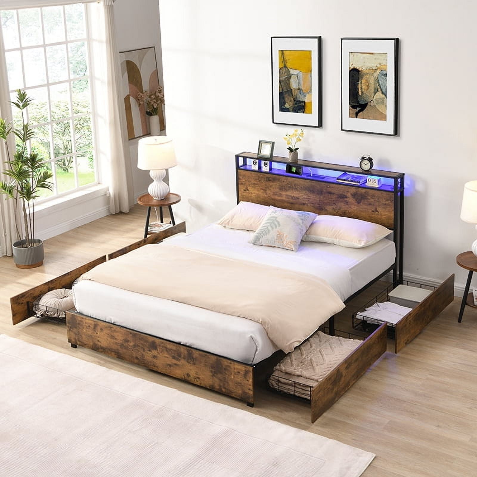 Yoneston LED Light Full Metal Platform Bed Frame with 2-Tier Storage USB Charging Station Headboard and 4 Large Side Drawers for Kids Teens Adults, Brown