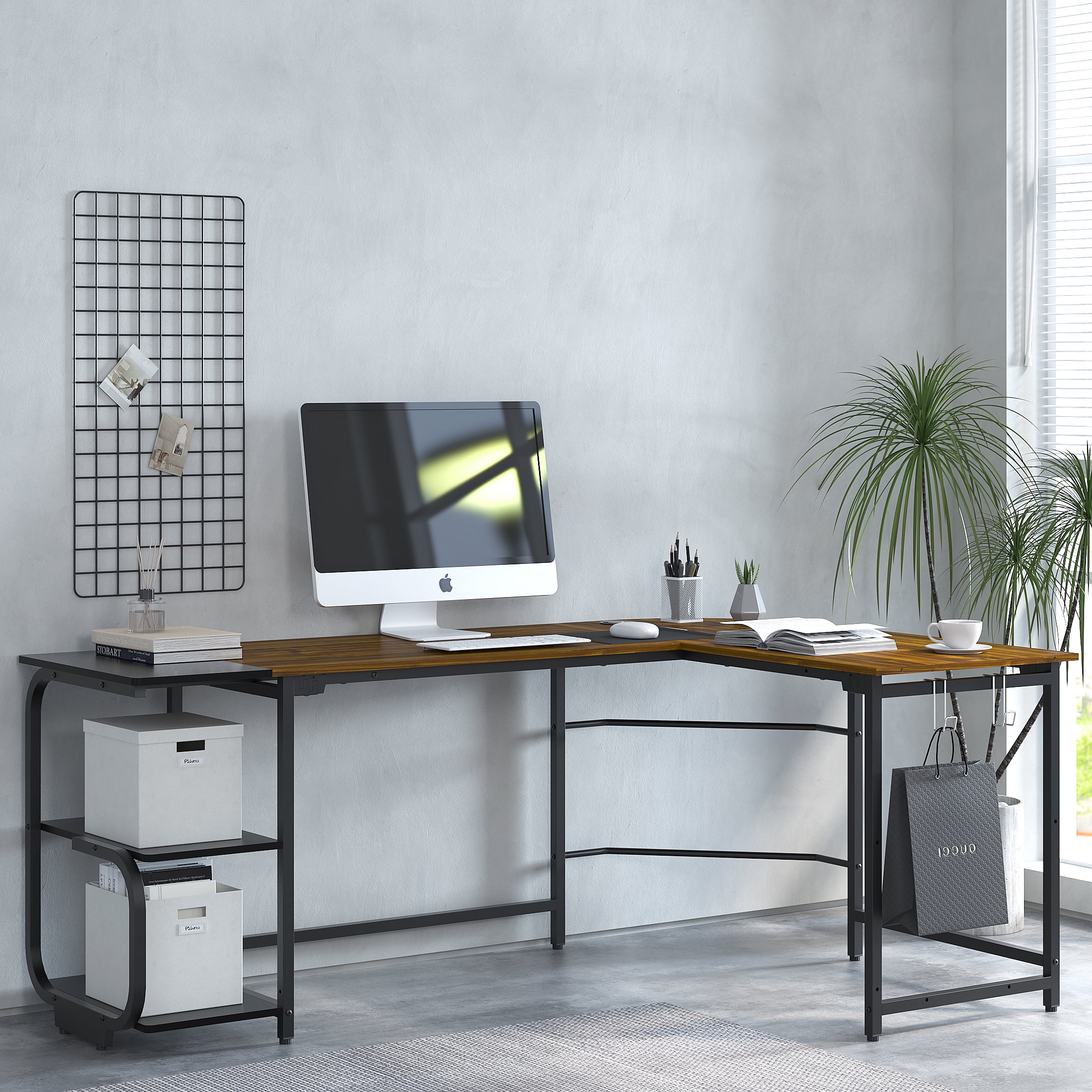 Yoneston Large 70" L-Shape Computer Desk with 2 Bookshelf Storage and Hooks, Home Office Workstation Table Furniture - Brown Teak
