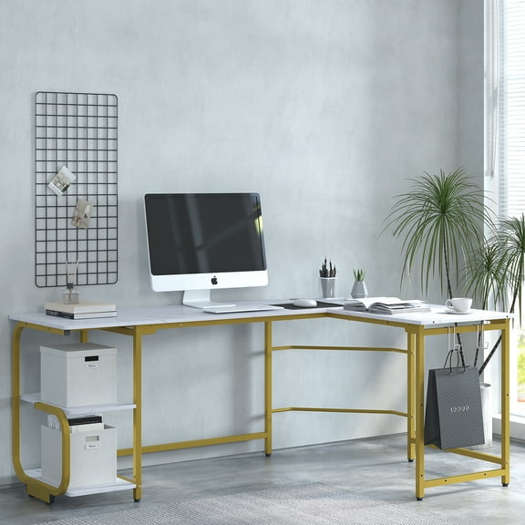 Yoneston Large 70" L-Shape Computer Desk with 2 Bookshelf Storage and Hooks, Home Office Workstation Table Furniture - White Marble