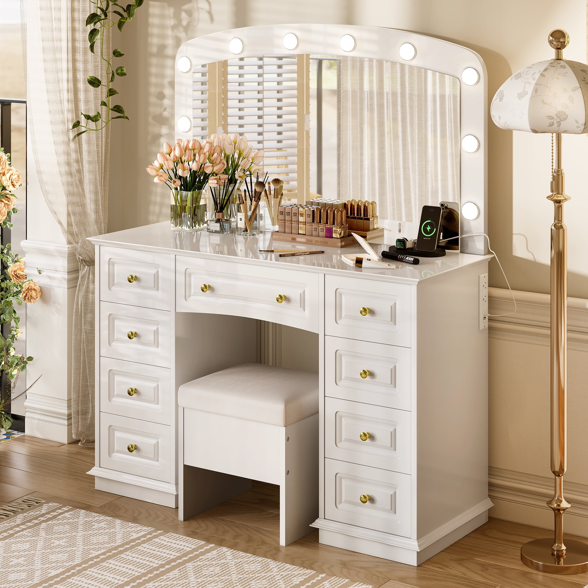 classic dressing table with mirror Classic Wood Vanity Desk with Flip Mirror, 3-in-1 Dressing Table with 2  Drawers and Storage Space for Bedroom - Bed Bath & Beyond