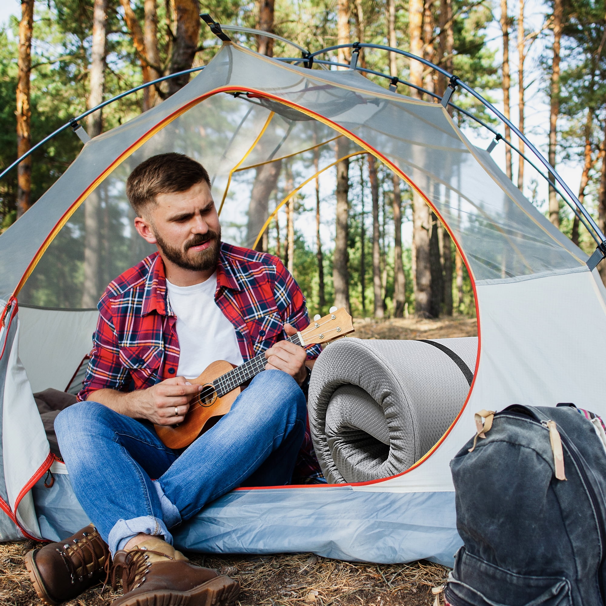 Yoneston Memory Foam Camping Mattress Pad, Portable Roller Sleeping Pad for RV Car Tent Camping SUV Outdoor Cot Mattress, Gray 63"x26"x4"