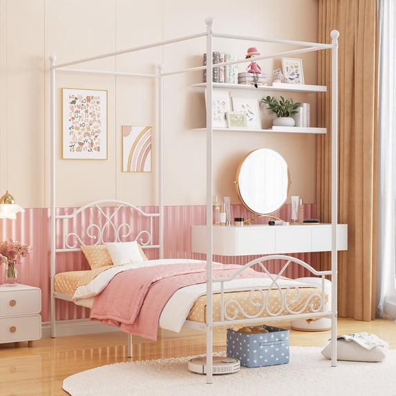 Yoneston Twin Metal Canopy Platform Bed Frame Kids Poster Bed with Detachable Canopy Design, White